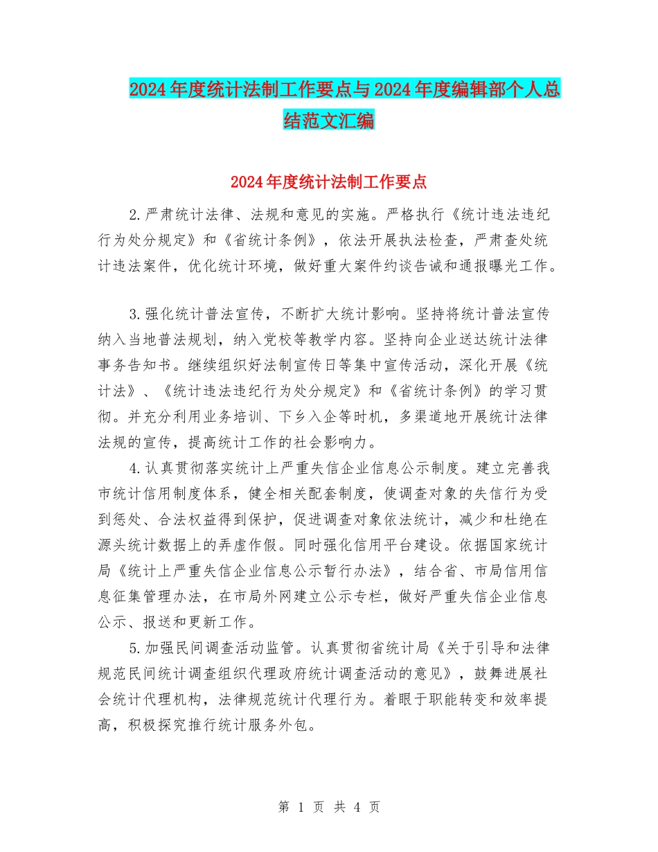 2024年度统计法制工作要点与2024年度编辑部个人总结范文汇编_第1页