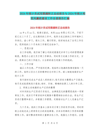 2024年统计员试用期满转正总结报告与2024年统计局党风廉政建设工作自查报告汇编