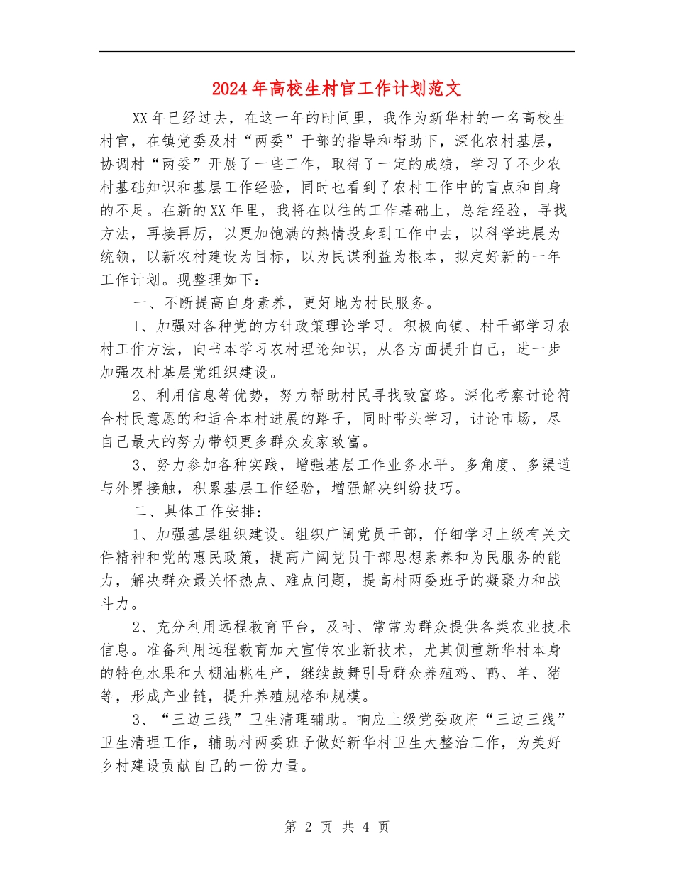 2024年大学生村官工作计划范文_第2页