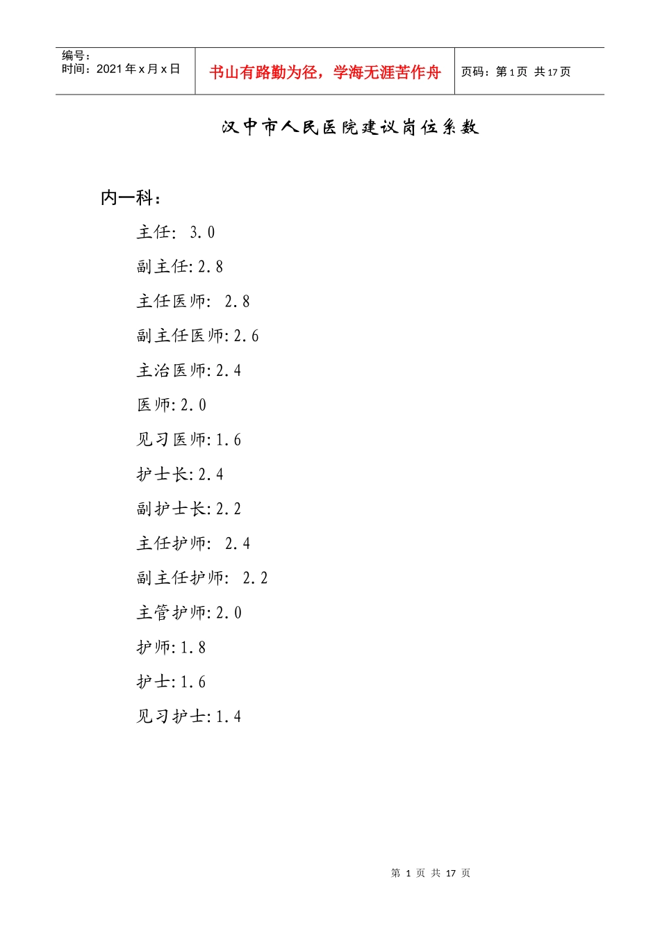 汉中市人民医院建议岗位系数_第1页