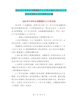 2024年下半年公司管理层个人工作计划与2024年下半年公开党务工作计划范文汇编