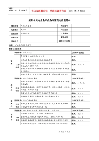 某知名光电企业产成品库管员岗位说明书