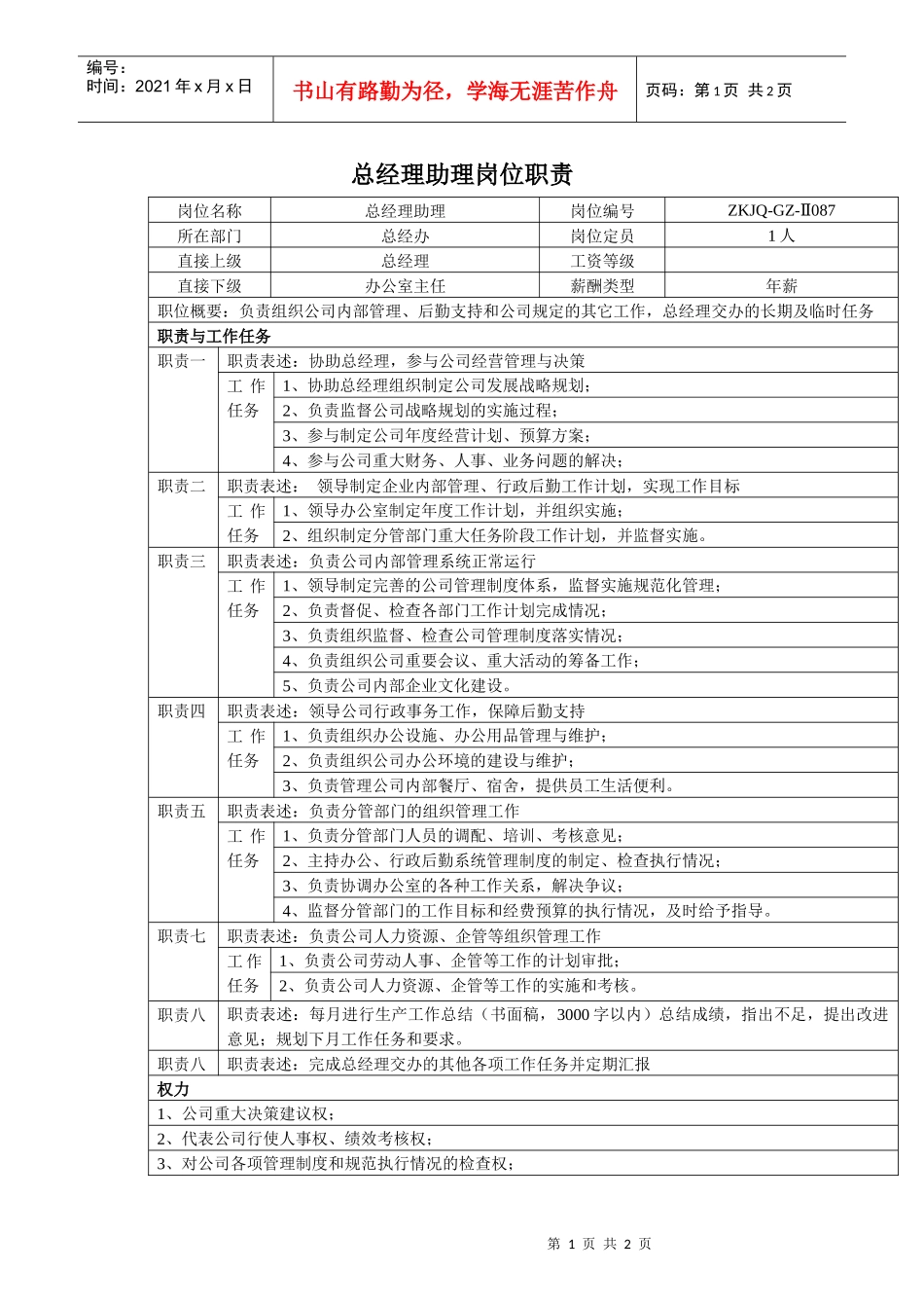 经营管理类-总经理助理岗位职责说明书_第1页