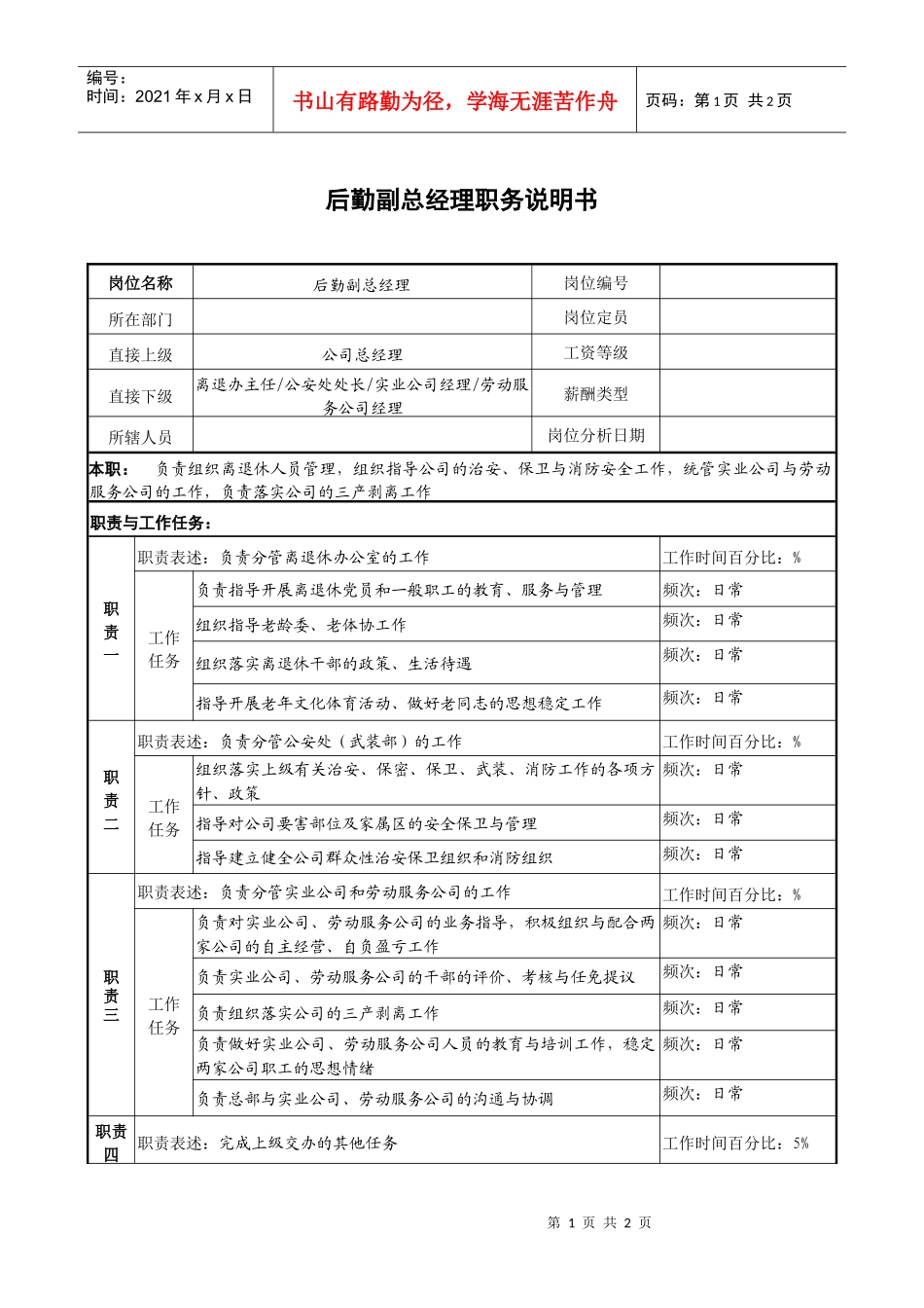 某企业后勤副总经理职务说明书_第1页