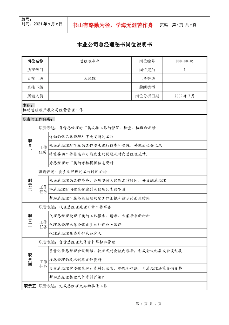 木业公司总经理秘书岗位说明书_第1页
