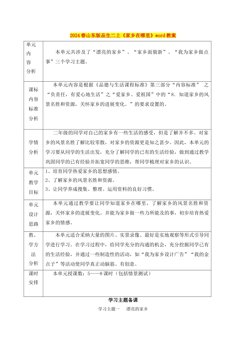 2024春山东版品生二上《家乡在哪里》word教案_第1页