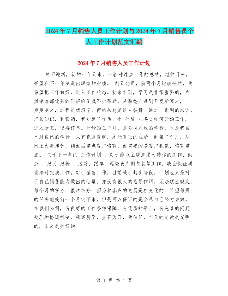 2024年7月销售人员工作计划与2024年7月销售员个人工作计划范文汇编_第1页