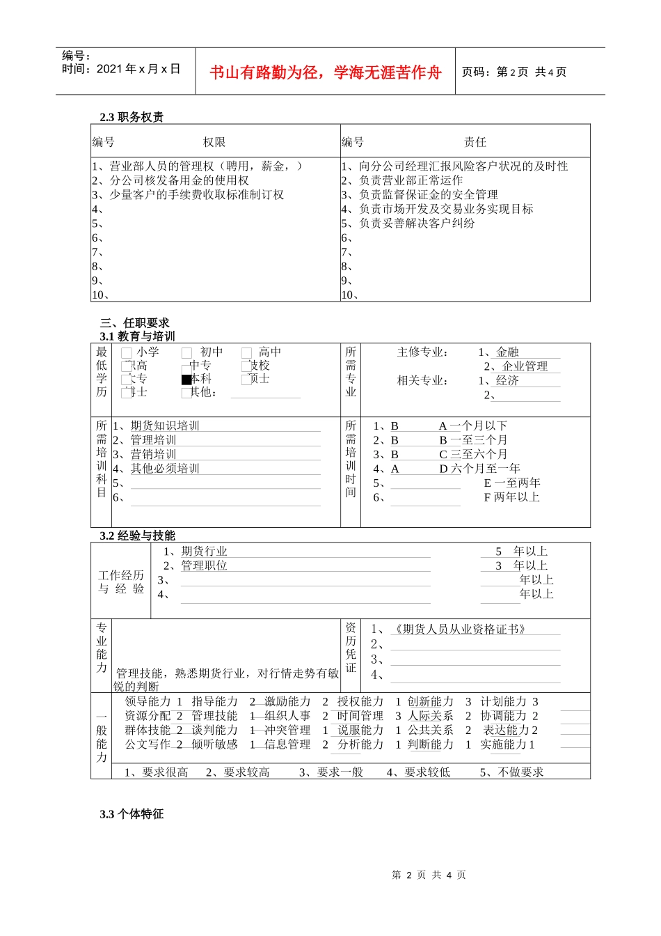 某北京分公司营业部经理职务说明书_第2页