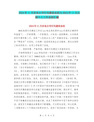 2024年11月农电公司行风建设总结与2024年11月出纳个人工作总结汇编