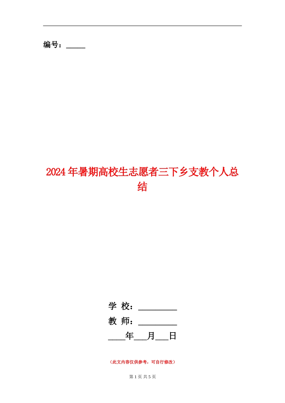 2024年暑期大学生志愿者三下乡支教个人总结_第1页