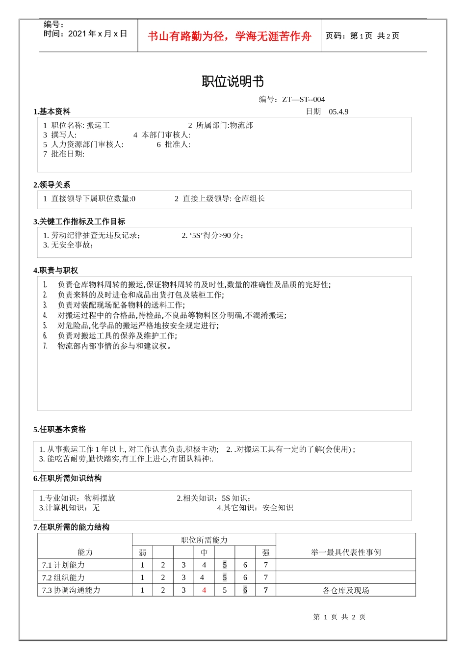 搬运工 职位说明书_第1页