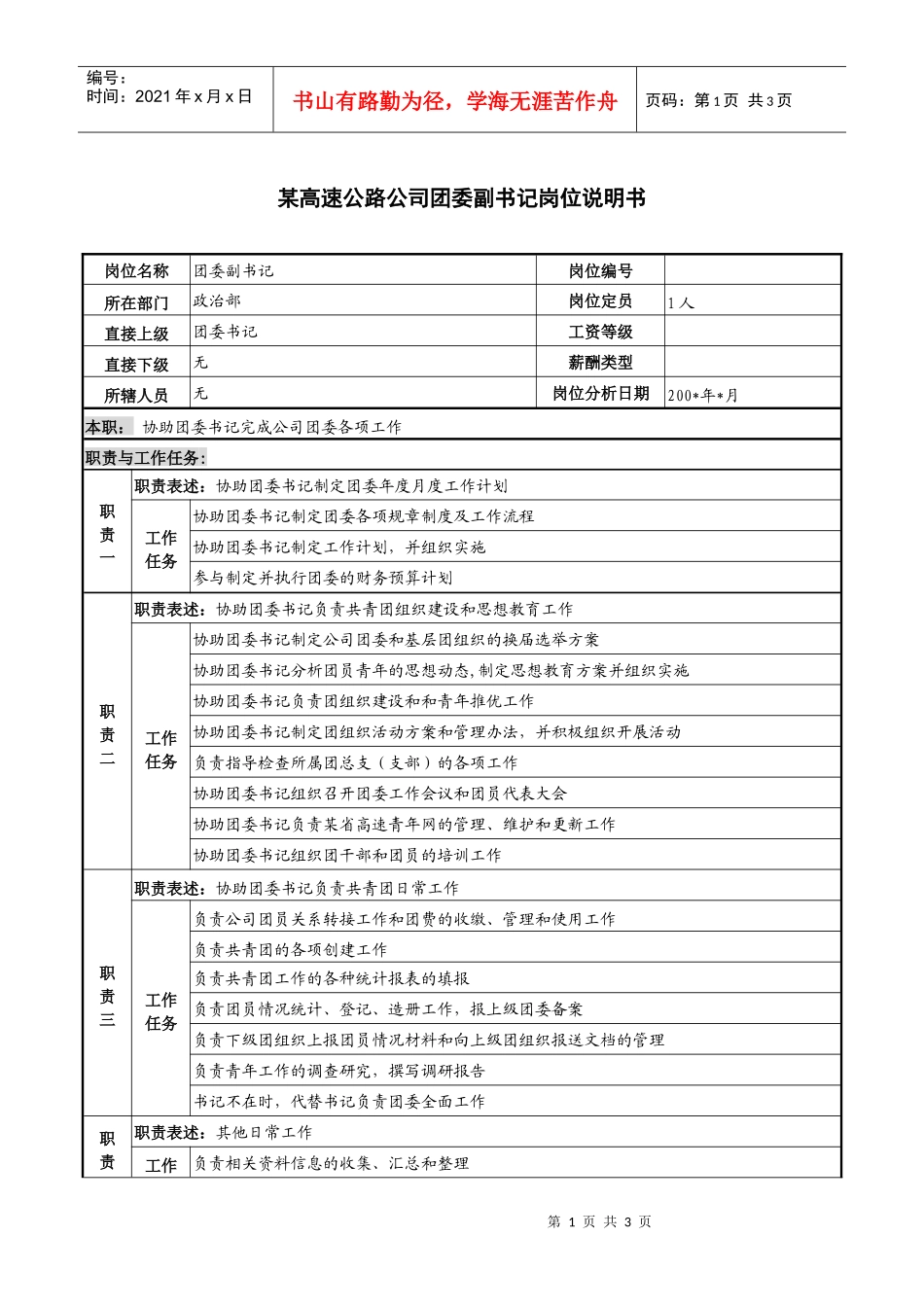 某高速公路公司团委副书记岗位说明书_第1页