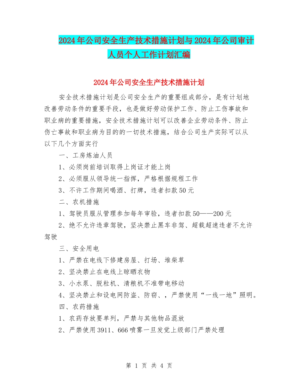 2024年公司安全生产技术措施计划与2024年公司审计人员个人工作计划汇编_第1页