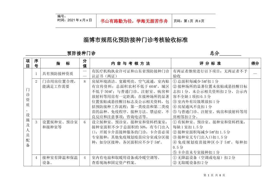 淄博市规范化预防接种门诊考核验收标准_第1页