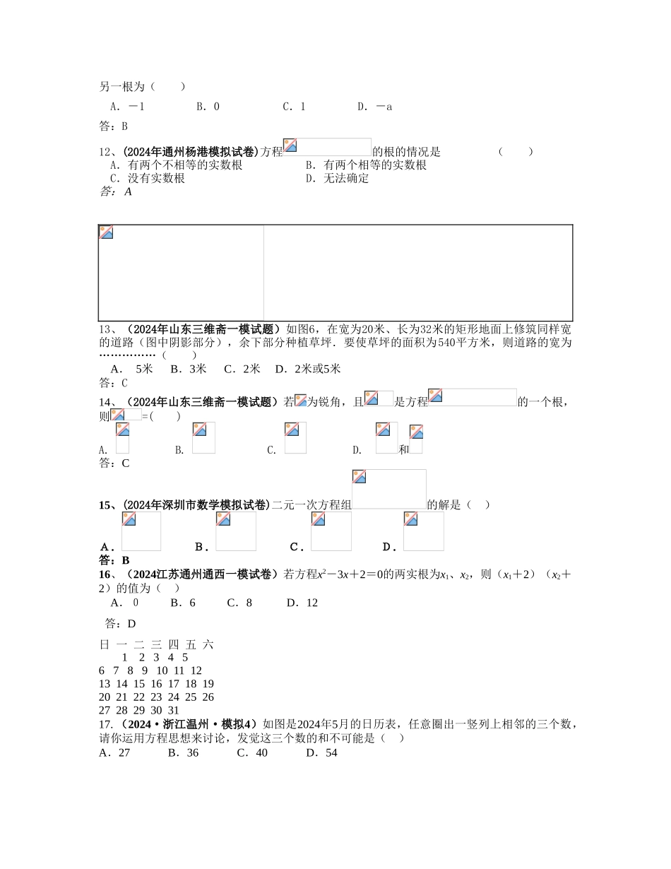 2024-2024年中考模拟分类汇编中考模拟分类汇编-方程试题_第3页