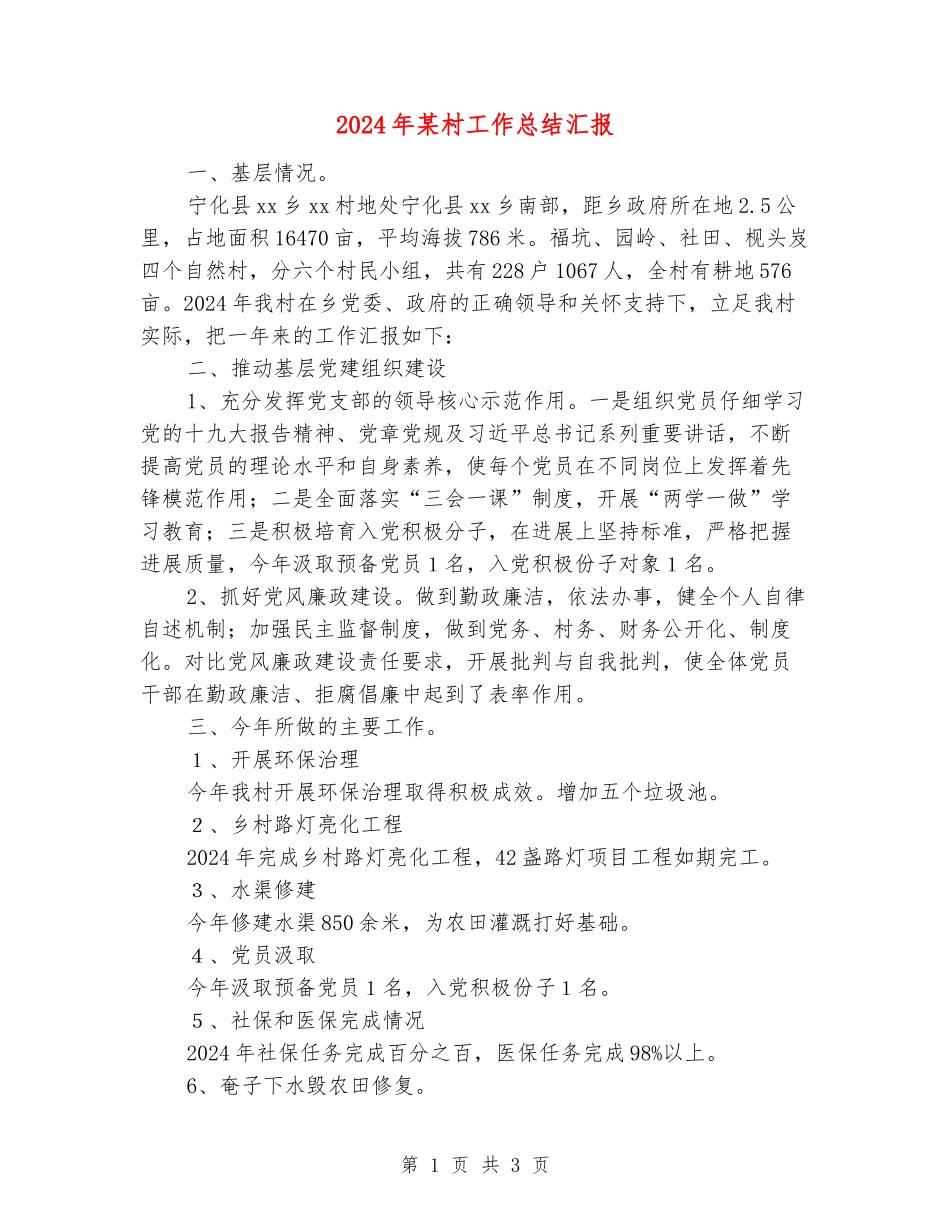 2024年某村工作总结汇报_第1页