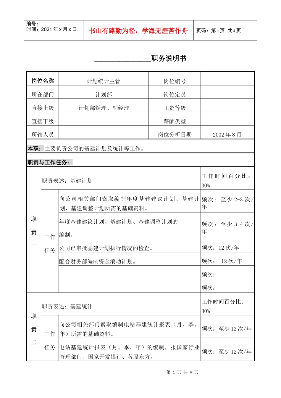 计划部统计主管职务说明书_第1页