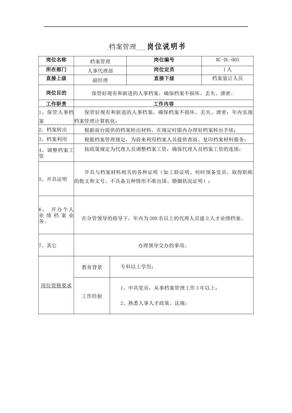 档案管理岗位说明书_第1页