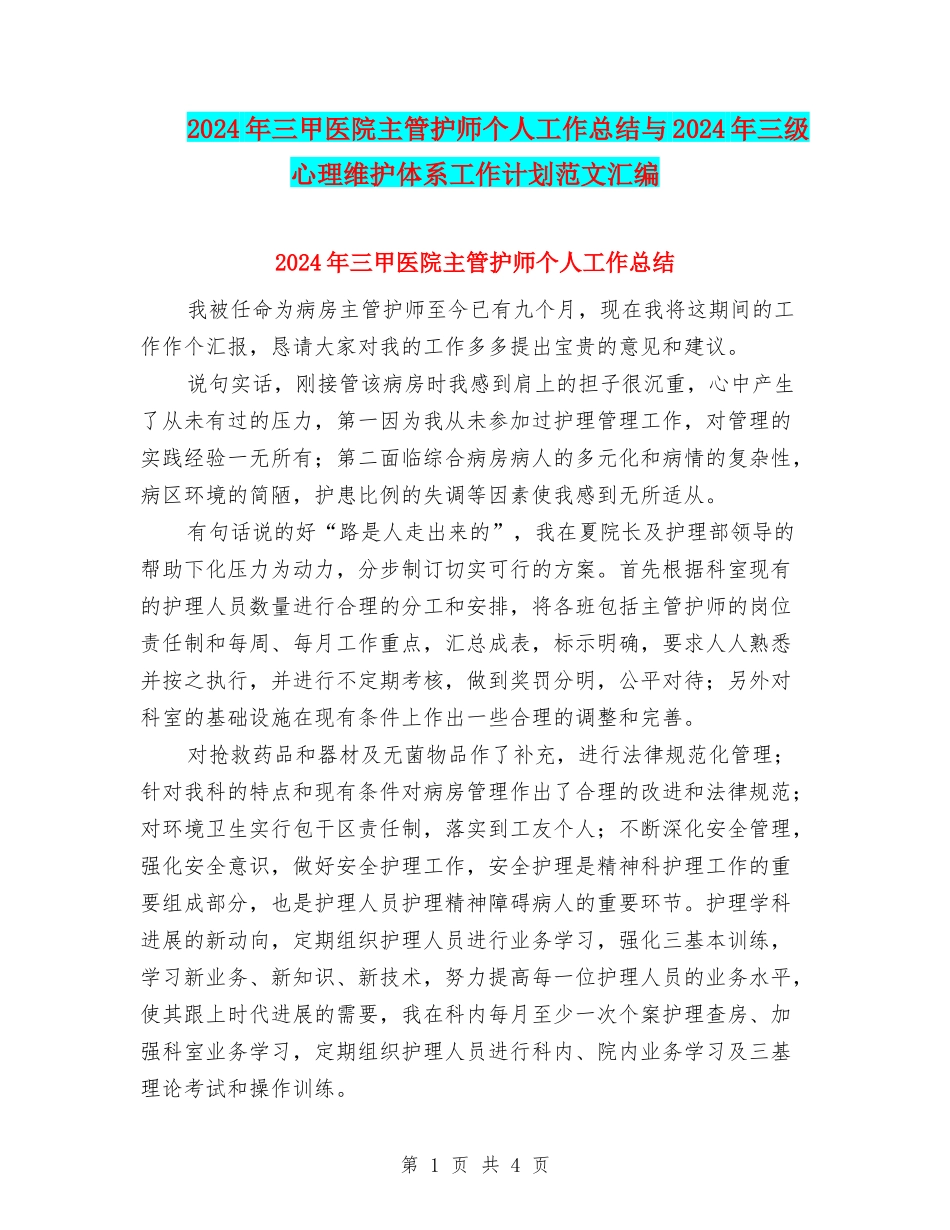 2024年三甲医院主管护师个人工作总结与2024年三级心理维护体系工作计划范文汇编_第1页