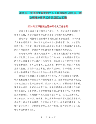 2024年三甲医院主管护师个人工作总结与2024年三级心理维护体系工作计划范文汇编