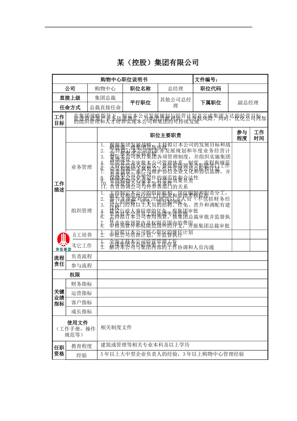 购物中心总经理岗位说明书_第1页