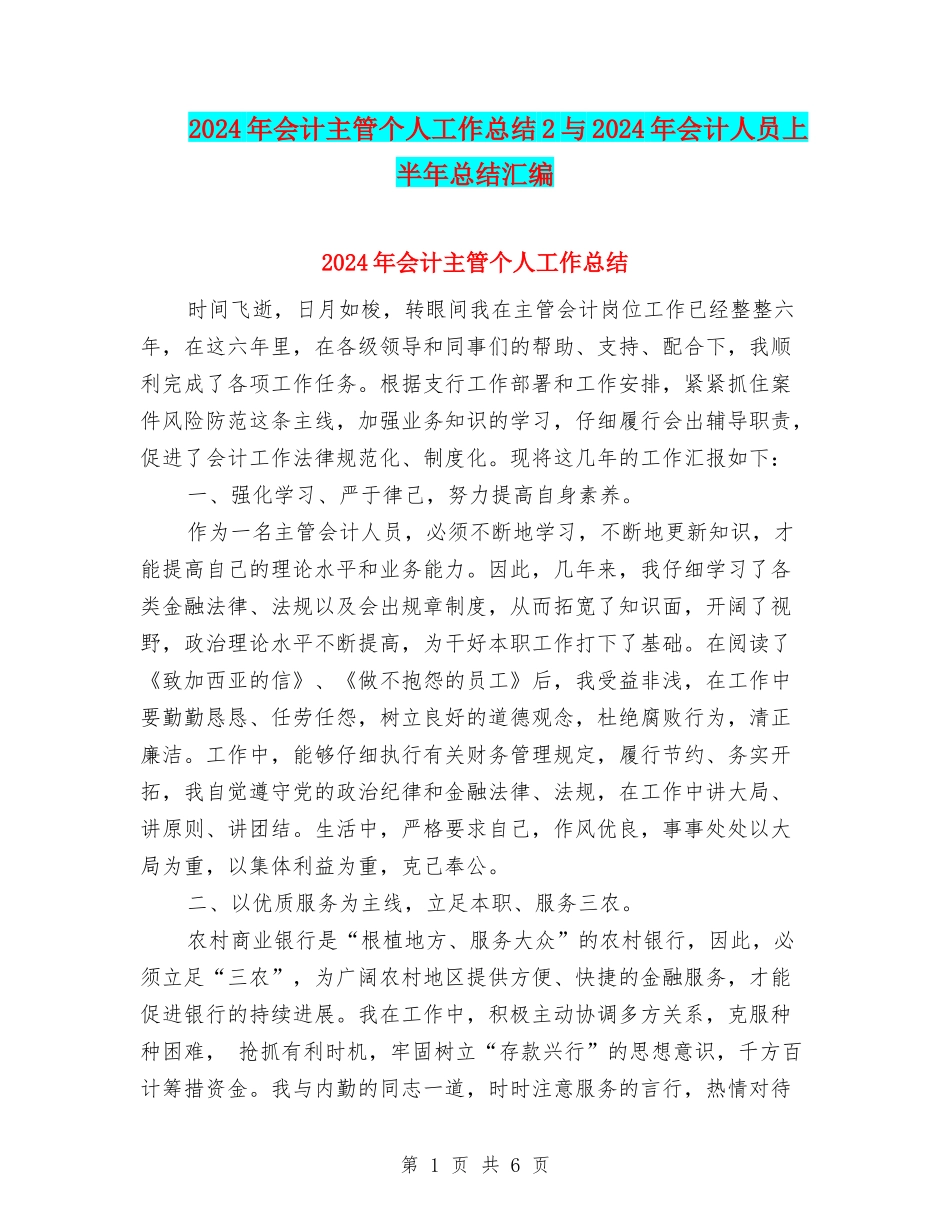2024年会计主管个人工作总结2与2024年会计人员上半年总结汇编_第1页