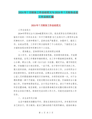 2024年7月财务工作总结范文与2024年7月财务总监工作总结汇编