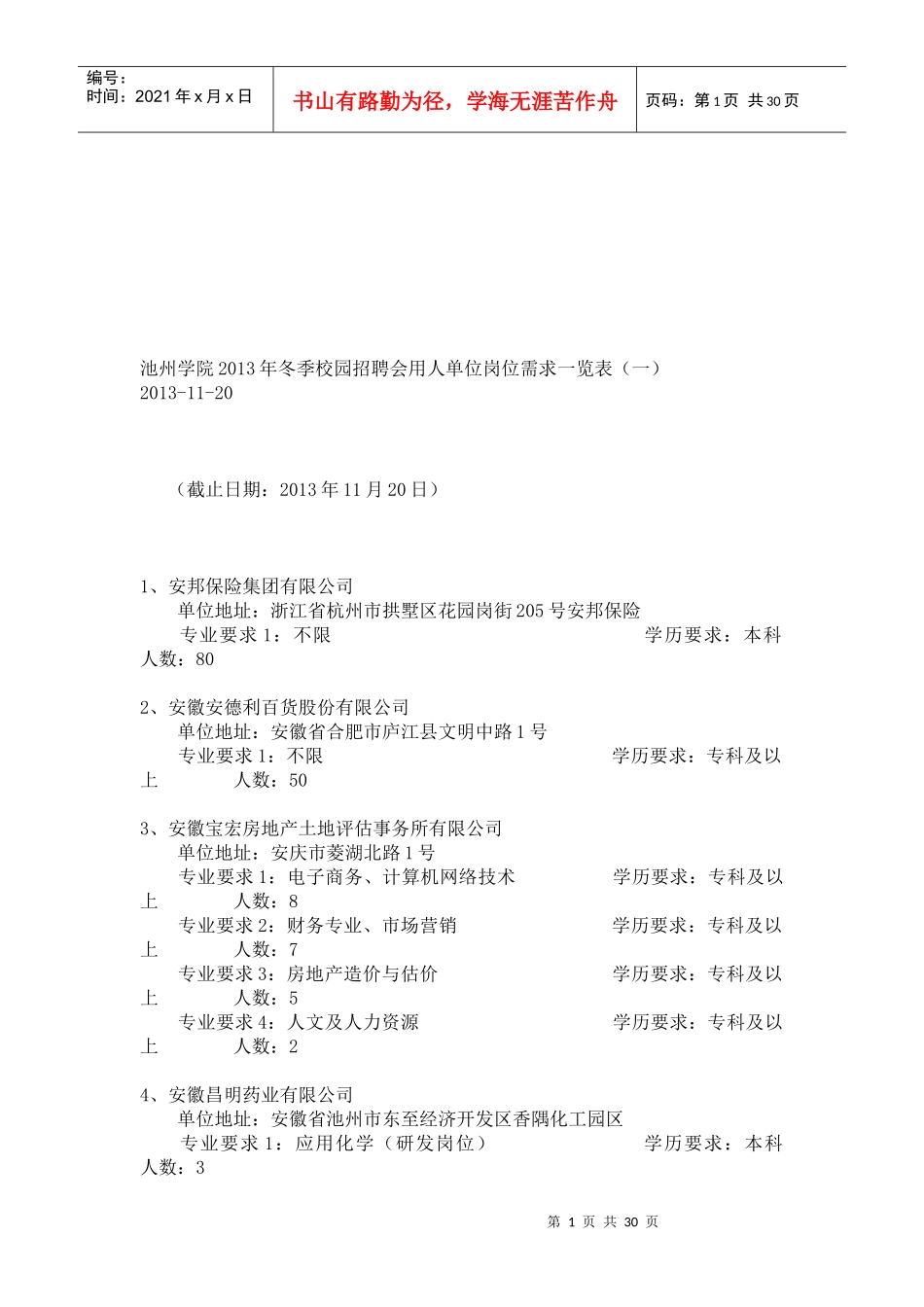 池州学院XXXX年冬季校园招聘会用人单位岗位需求览表_第1页