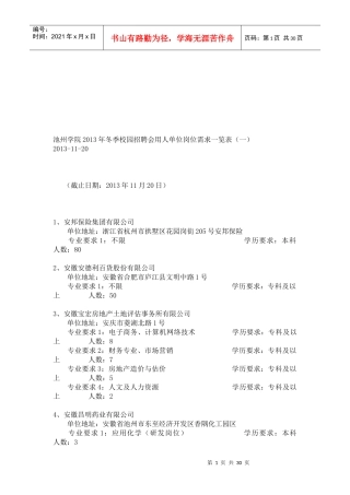 池州学院XXXX年冬季校园招聘会用人单位岗位需求览表