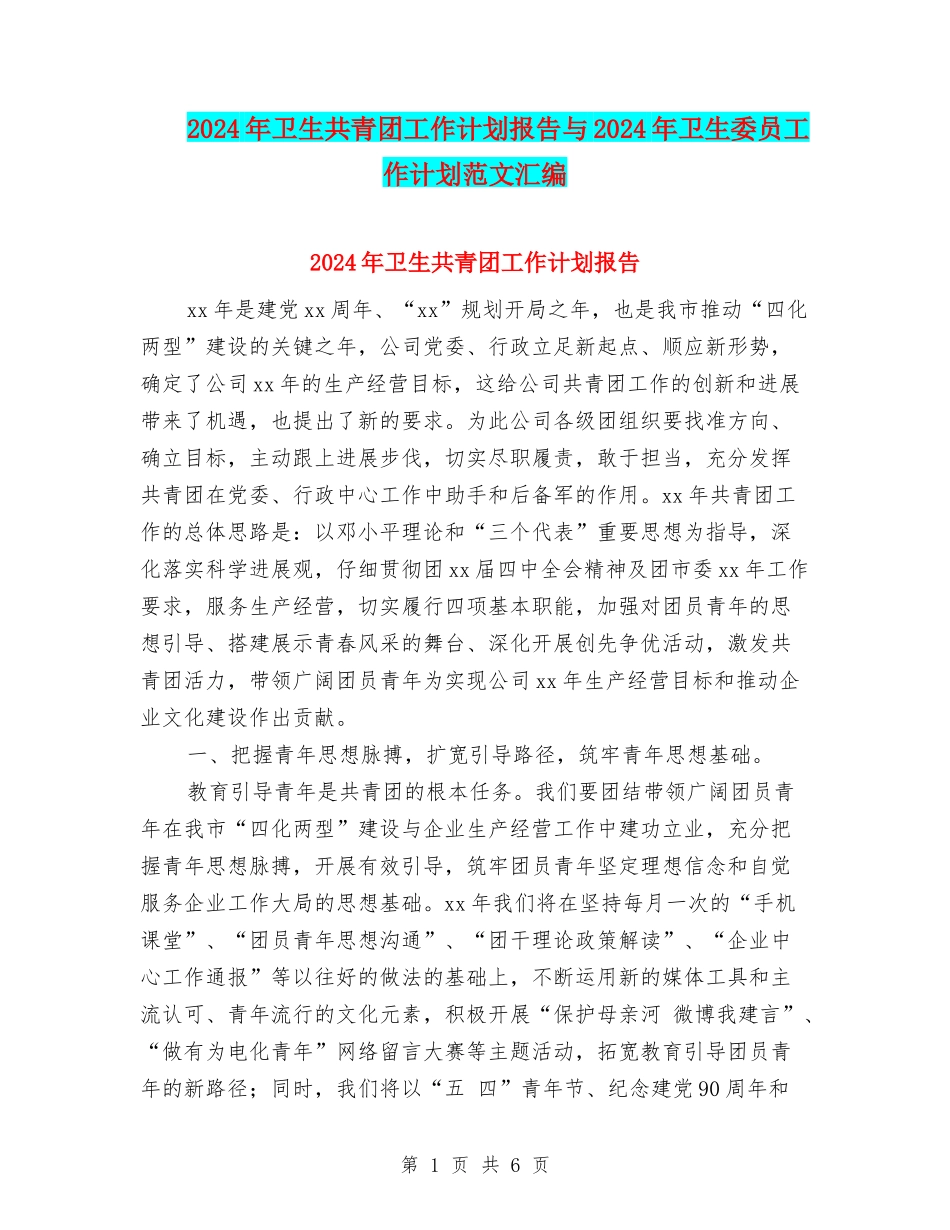 2024年卫生共青团工作计划报告与2024年卫生委员工作计划范文汇编_第1页
