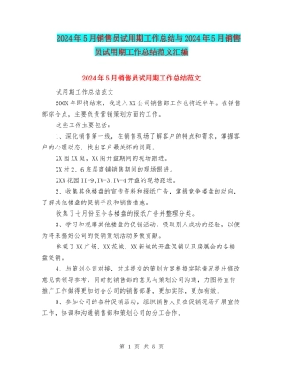 2024年5月销售员试用期工作总结与2024年5月销售员试用期工作总结范文汇编