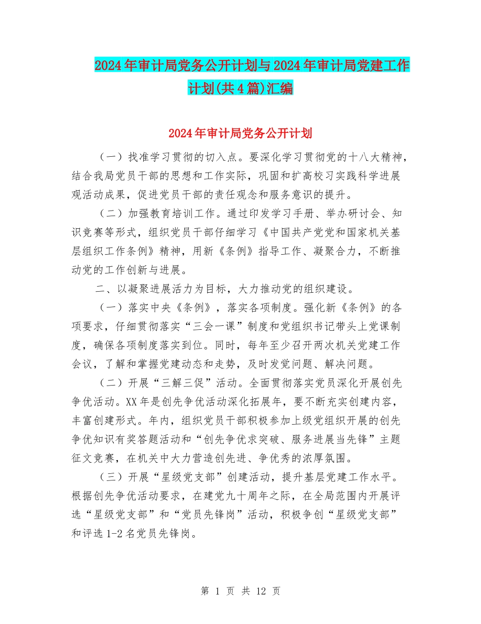2024年审计局党务公开计划与2024年审计局党建工作计划(共4篇)汇编_第1页