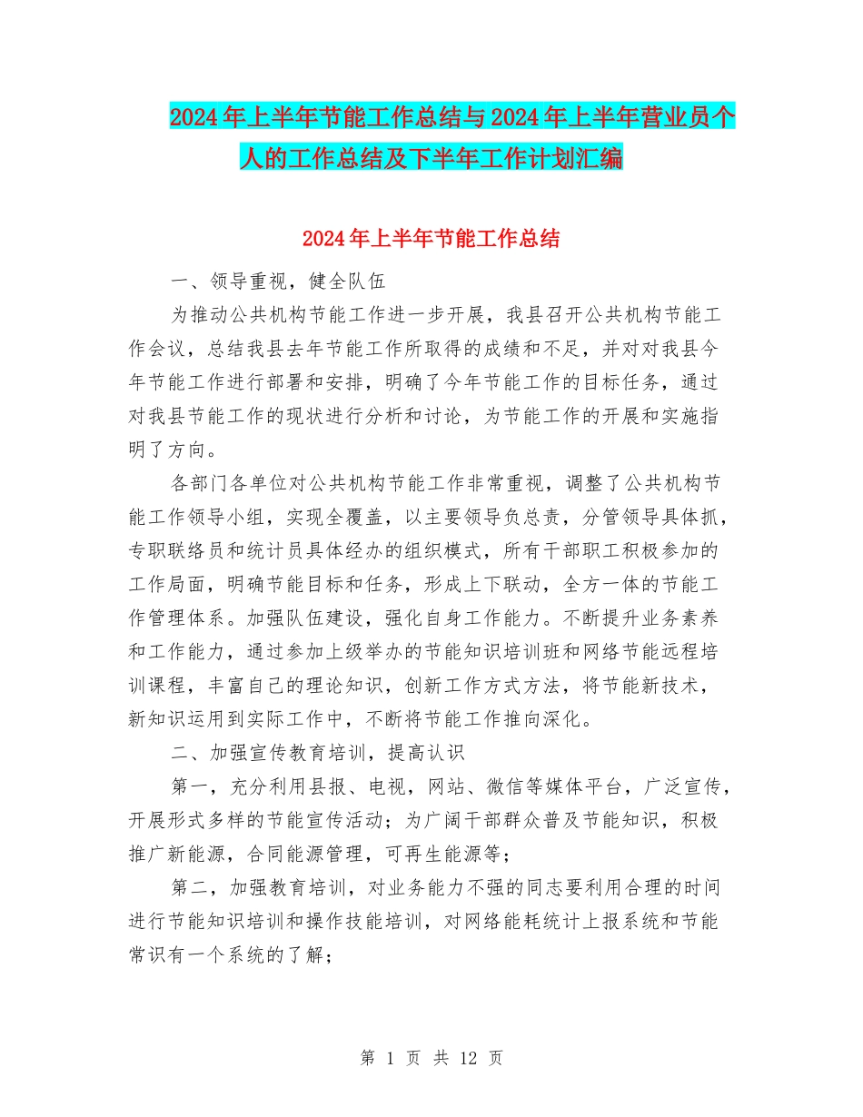 2024年上半年节能工作总结与2024年上半年营业员个人的工作总结及下半年工作计划汇编_第1页