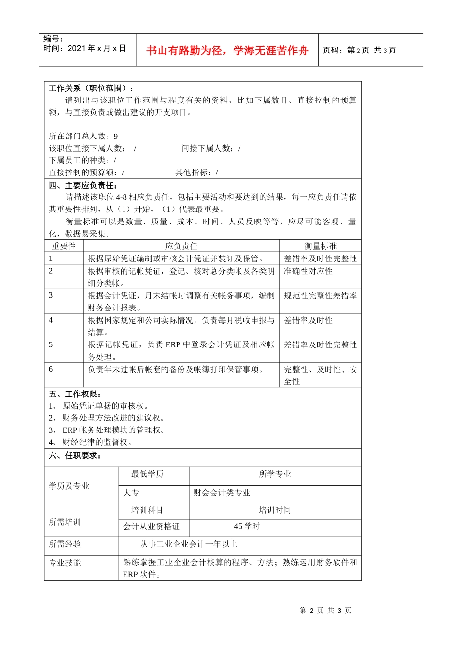 某大型汽车零部件公司财务部帐务处理员职位说明书_第2页