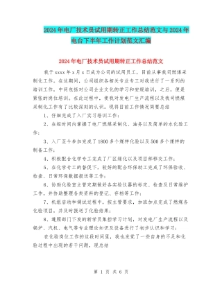 2024年电厂技术员试用期转正工作总结范文与2024年电台下半年工作计划范文汇编