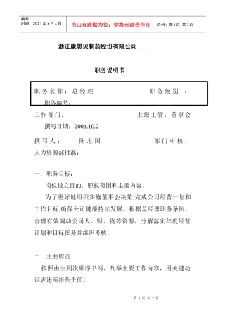 某股份公司职务说明书