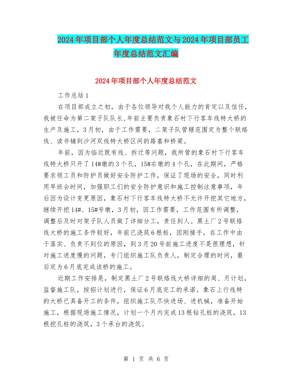 2024年项目部个人年度总结范文与2024年项目部员工年度总结范文汇编_第1页
