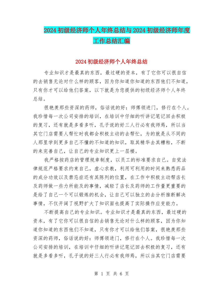 2024初级经济师个人年终总结与2024初级经济师年度工作总结汇编_第1页