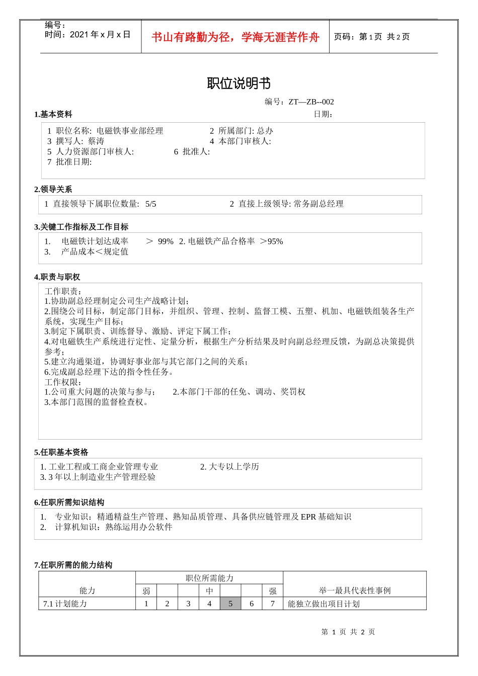 电磁铁事业部经理职位说明书_第1页