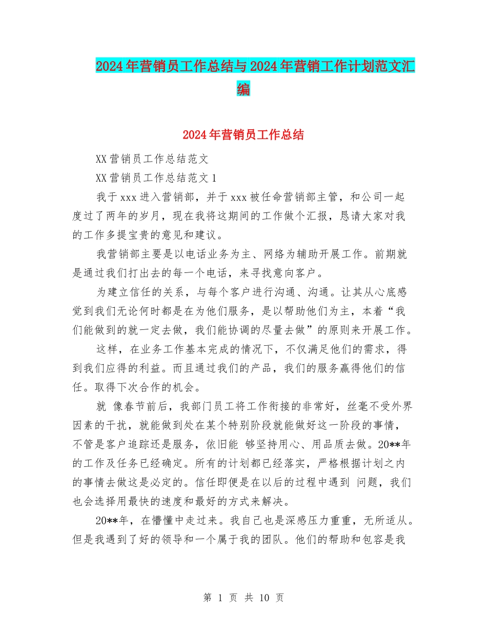 2024年营销员工作总结与2024年营销工作计划范文汇编_第1页