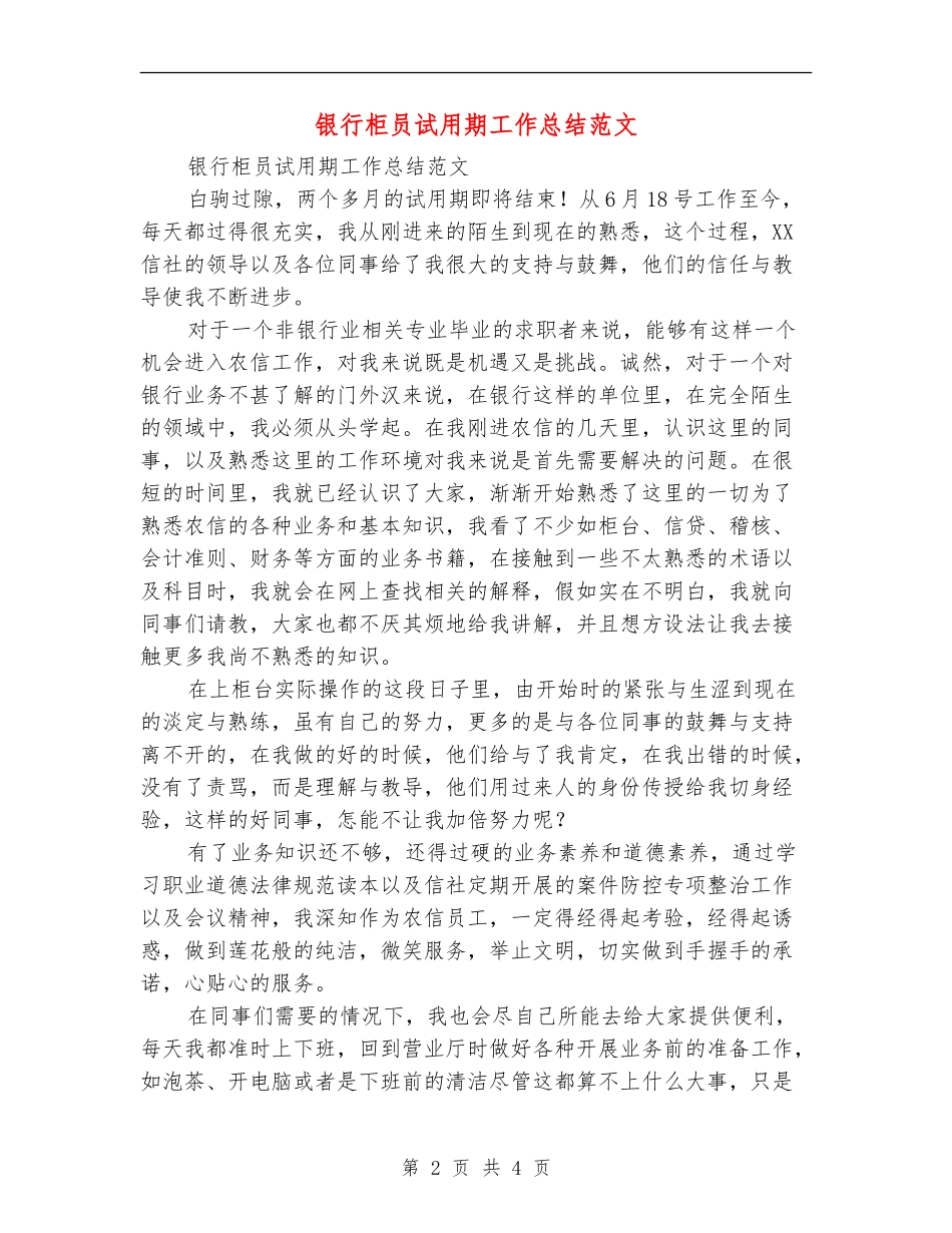 银行柜员试用期工作总结范文_第2页