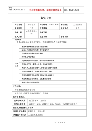 某汽车集团人力资源部劳资专员岗位说明书