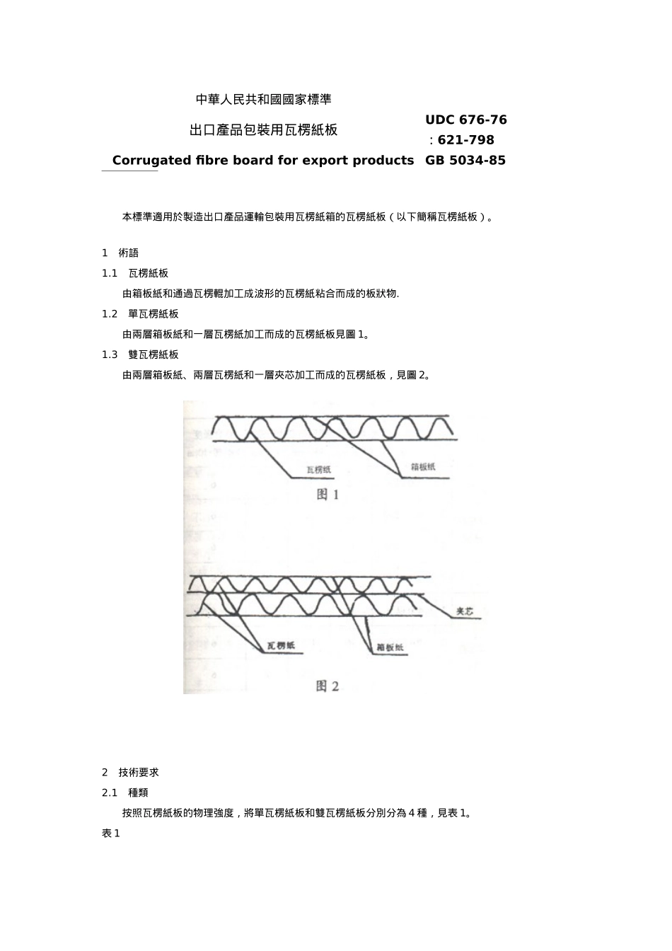 中華人民共和國國家標準-出口產品包裝用瓦楞紙板_第1页