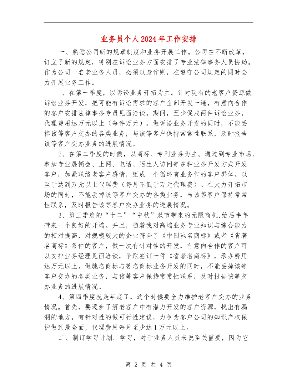 业务员个人2024年工作安排_第2页