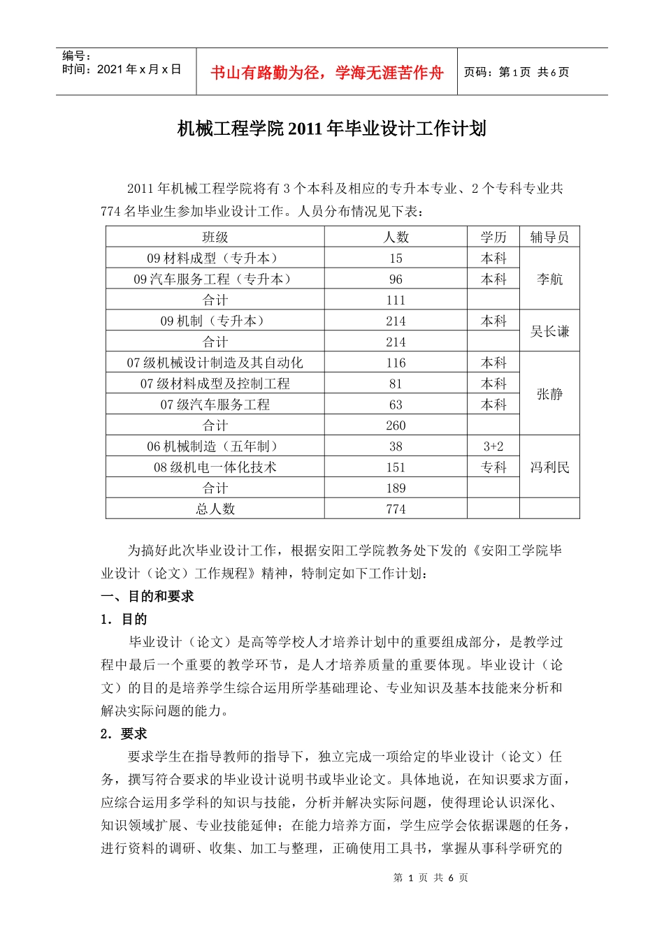 机械工程学院XXXX年毕业设计工作计划_第1页