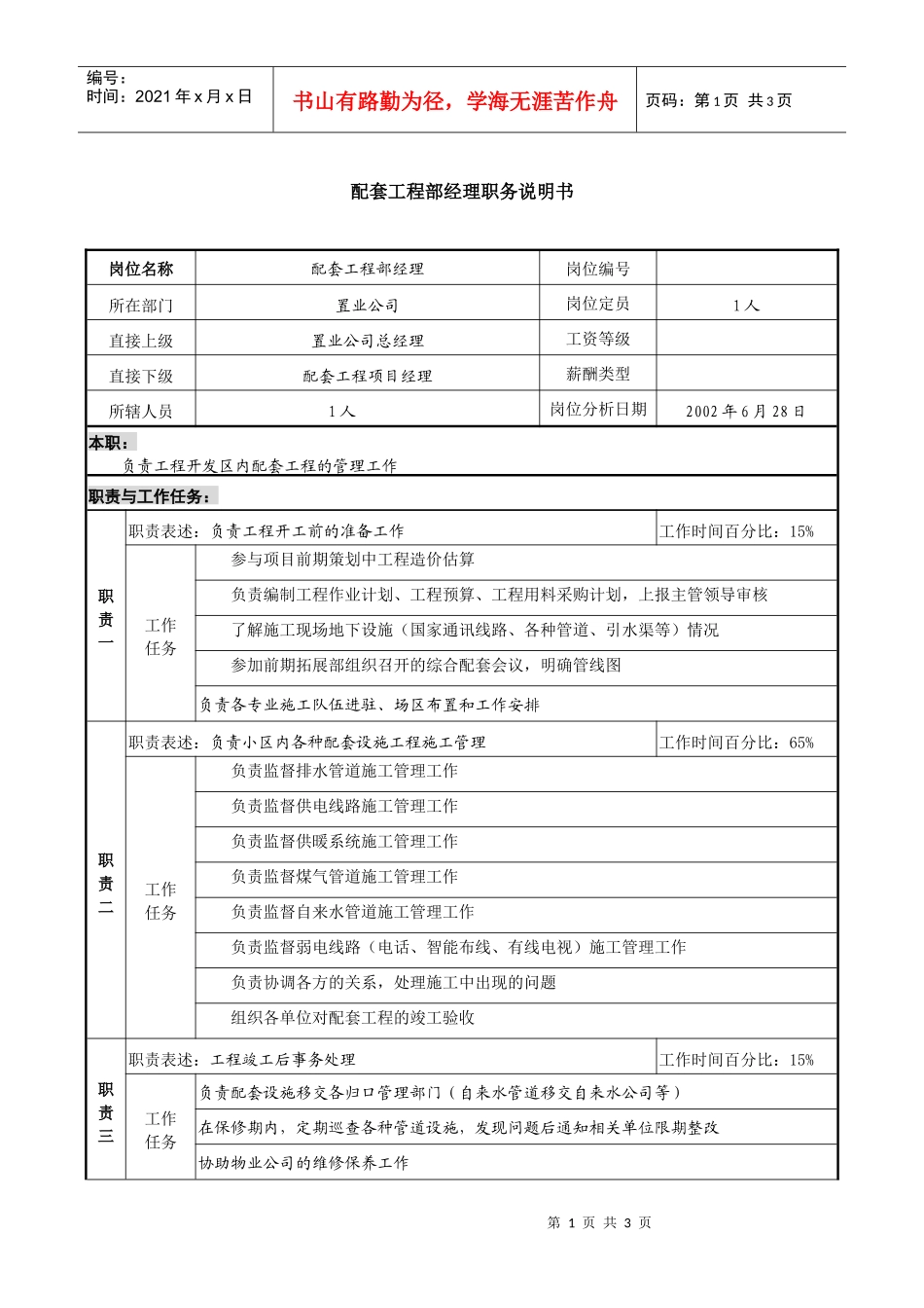 置业公司配套工程部经理职务说明书_第1页