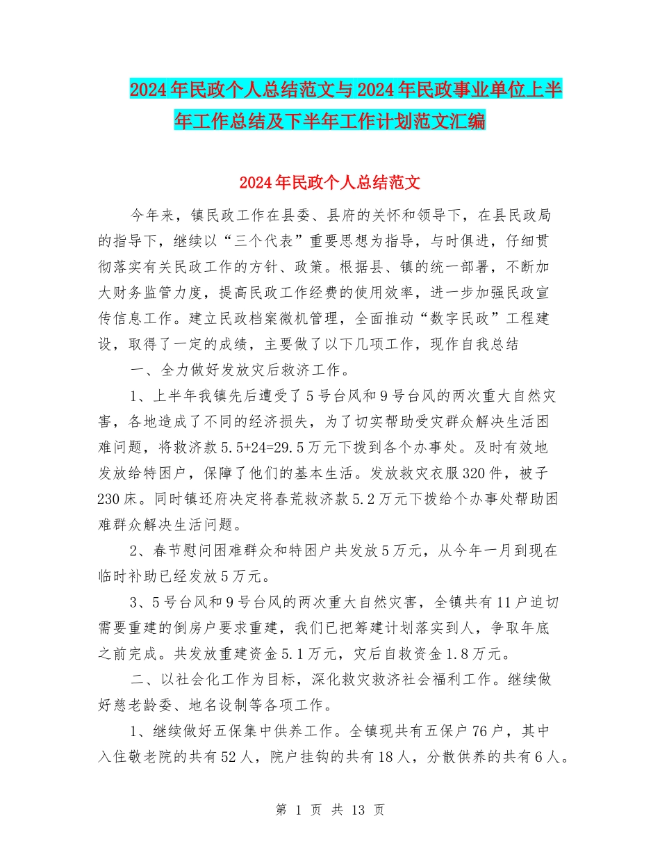 2024年民政个人总结范文与2024年民政事业单位上半年工作总结及下半年工作计划范文汇编_第1页