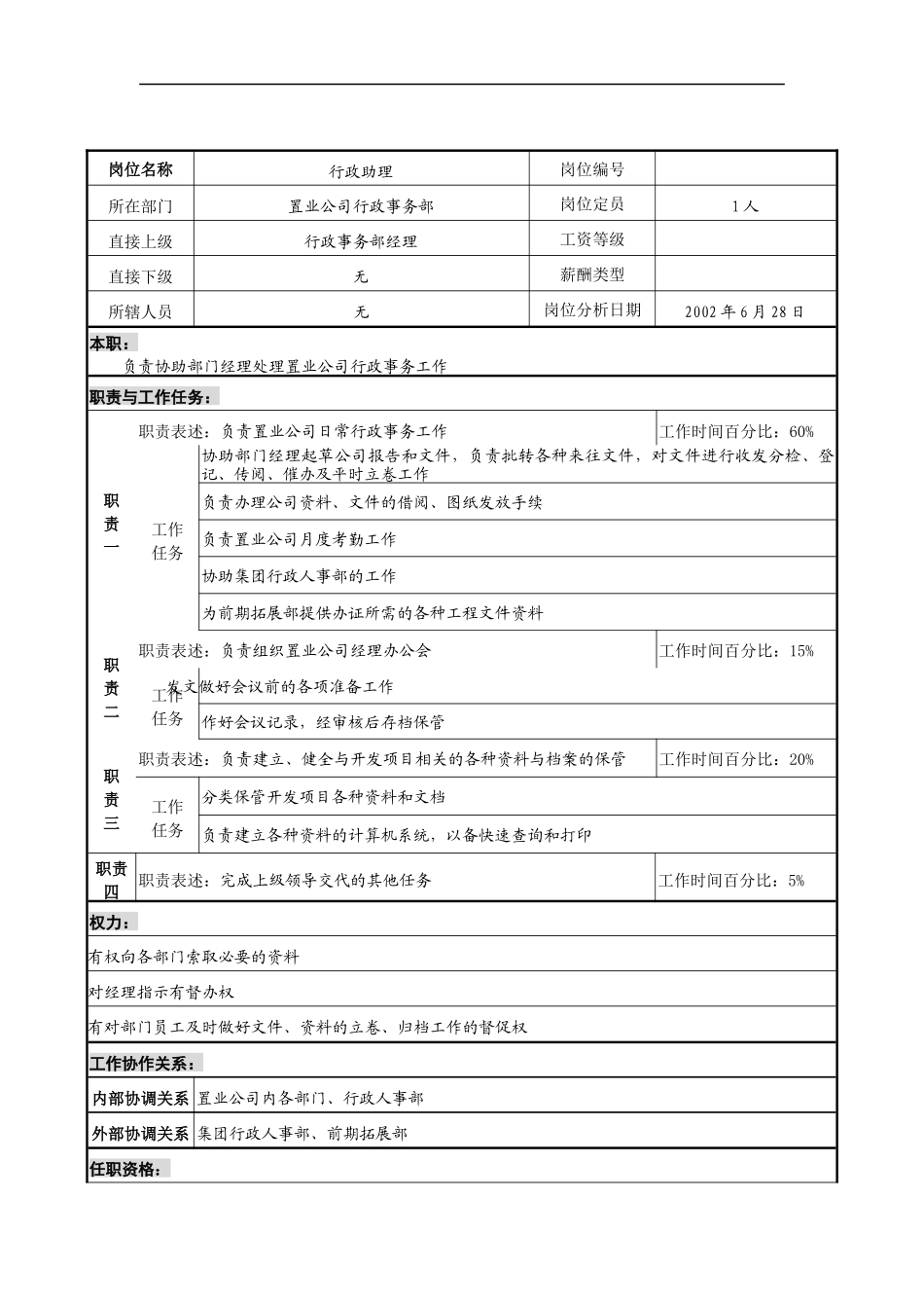明达集团置业公司行政事务部行政助理职务说明书_第1页