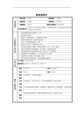 烧结厂技术科科员职位说明书