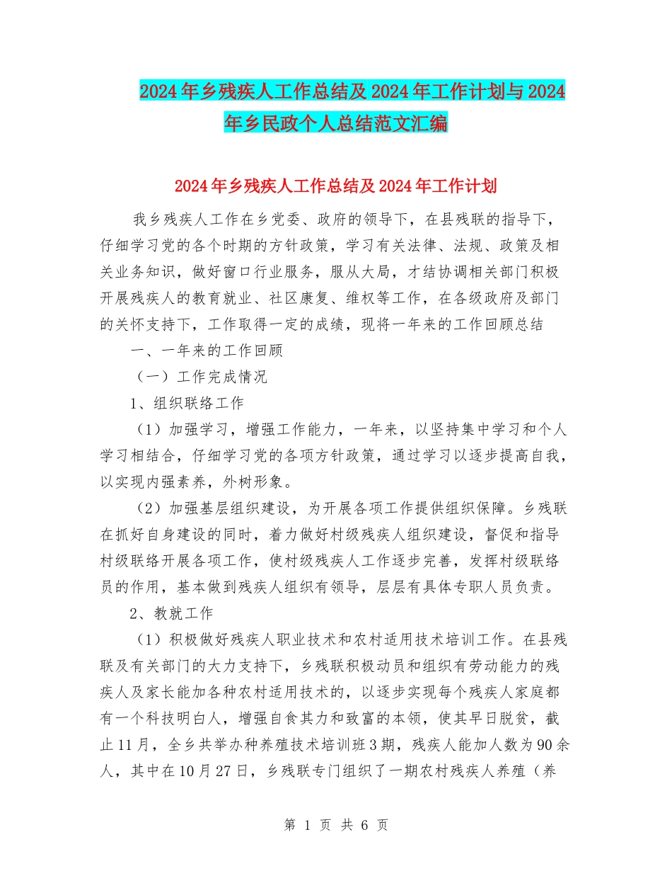 2024年乡残疾人工作总结及2024年工作计划与2024年乡民政个人总结范文汇编_第1页